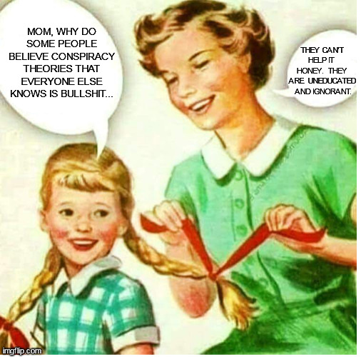 Mom and daughter vintage | THEY CAN'T HELP IT  HONEY.  THEY ARE  UNEDUCATED  AND IGNORANT. MOM, WHY DO SOME PEOPLE BELIEVE CONSPIRACY THEORIES THAT EVERYONE ELSE KNOWS IS BULLSHIT... | image tagged in mom and daughter vintage | made w/ Imgflip meme maker