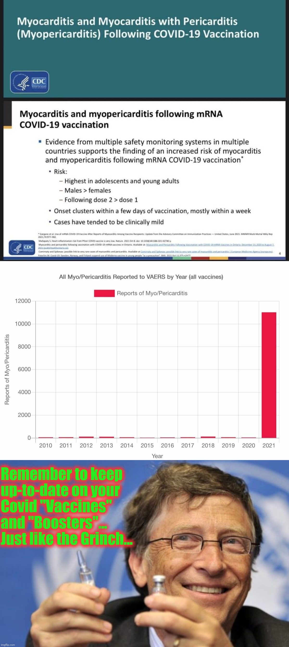 Remember to keep up-to-date on your Covid "Vaccines" and "Boosters"... Just like the Grinch... | image tagged in myocarditis,bill gates loves vaccines | made w/ Imgflip meme maker