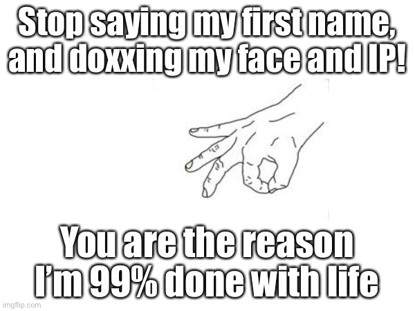 Jjfjfj | Stop saying my first name, and doxxing my face and IP! You are the reason I’m 99% done with life | made w/ Imgflip meme maker