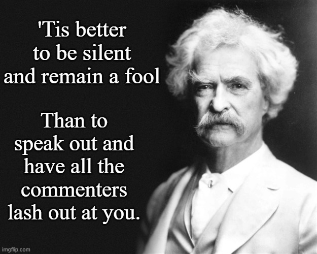 Mark Twain | 'Tis better to be silent and remain a fool; Than to speak out and have all the commenters lash out at you. | image tagged in mark twain | made w/ Imgflip meme maker