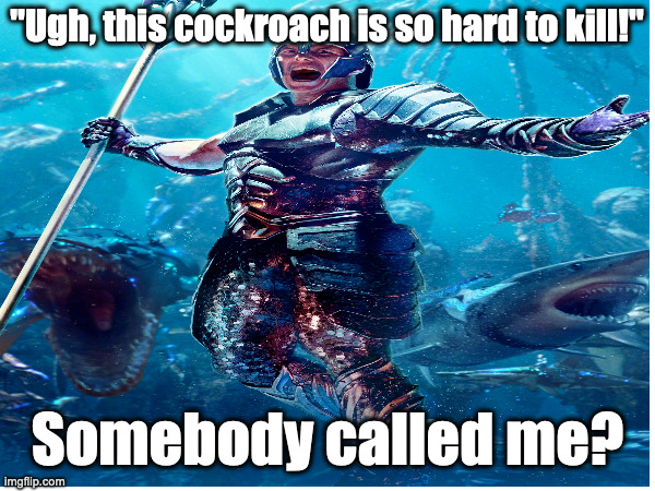 Aquaman and the Lost Kingdom | "Ugh, this cockroach is so hard to kill!"; Somebody called me? | image tagged in dc,aquaman | made w/ Imgflip meme maker