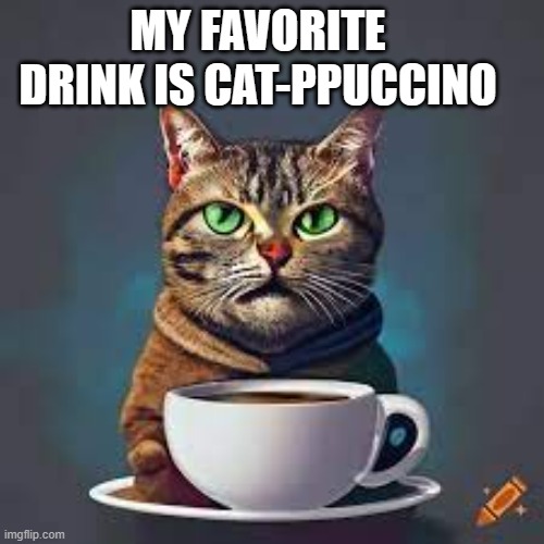 meme by Brad cat puccino | MY FAVORITE DRINK IS CAT-PPUCCINO | image tagged in cat meme | made w/ Imgflip meme maker