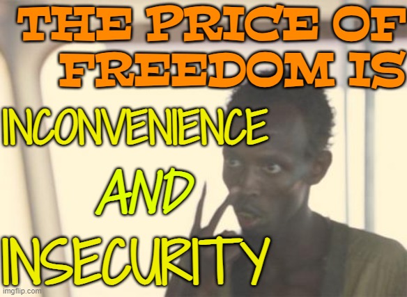 The Price Of Freedom Is Inconvenience And Insecurity | THE PRICE OF
FREEDOM IS; INCONVENIENCE; AND; INSECURITY | image tagged in memes,i'm the captain now,freedom,freedom in murica,liberty,security | made w/ Imgflip meme maker