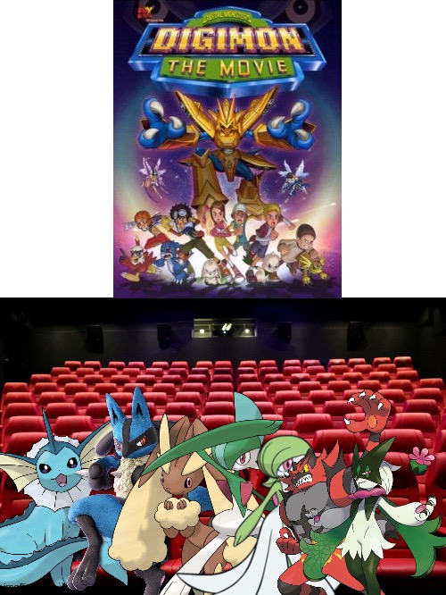Vaporeon and friends watching Digimon the 2000 in a movie theater | image tagged in movie theater seating wall mural - murals your way,crossover,pokemon,digimon,anime | made w/ Imgflip meme maker