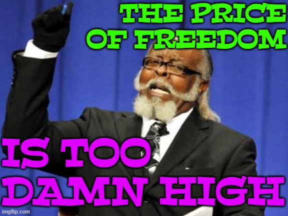 The Price Of Freedom Is Too Damn High | THE PRICE
OF FREEDOM; IS TOO DAMN HIGH | image tagged in memes,too damn high,freedom,price,because capitalism,freedom in murica | made w/ Imgflip meme maker