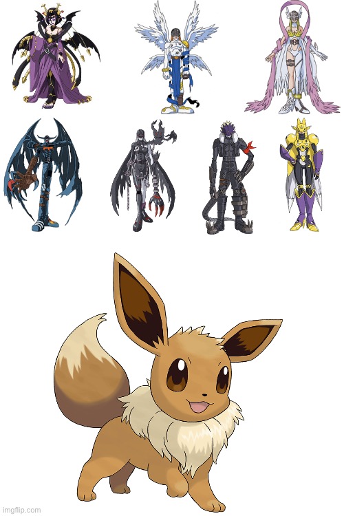 Eevee loves Humanoid Digimon | image tagged in blank white template,crossover,pokemon,digimon | made w/ Imgflip meme maker