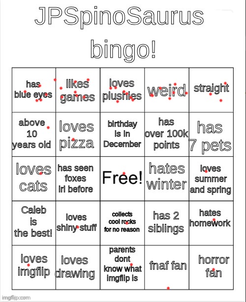 Bingo top row (bunch of spots there, similar to a teenagers face [just joking]) | image tagged in jpspinosaurus bingo | made w/ Imgflip meme maker