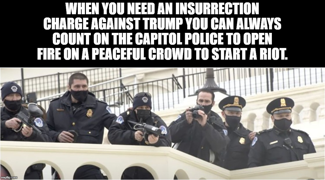 When your peaceful protest just will not cooperate and give you that insurrection that you so badly need... | WHEN YOU NEED AN INSURRECTION CHARGE AGAINST TRUMP YOU CAN ALWAYS COUNT ON THE CAPITOL POLICE TO OPEN FIRE ON A PEACEFUL CROWD TO START A RIOT. | image tagged in staged insurrection,14th amendment,capitol police | made w/ Imgflip meme maker