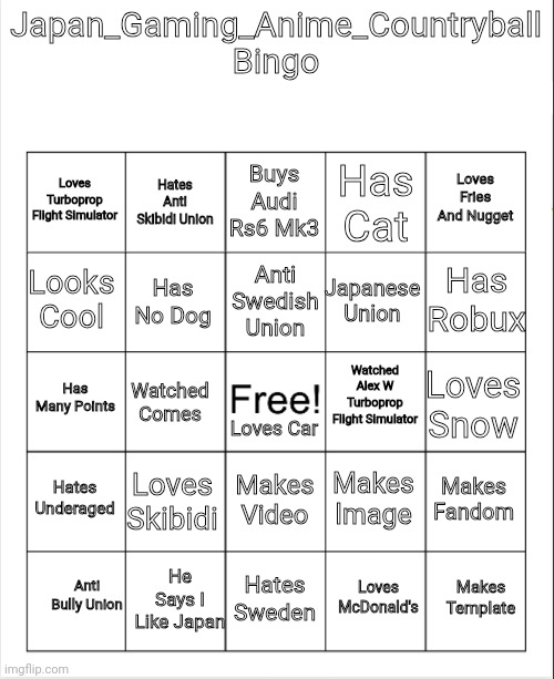 High Quality Japan_Gaming_Anime_Countryball Bingo! Blank Meme Template