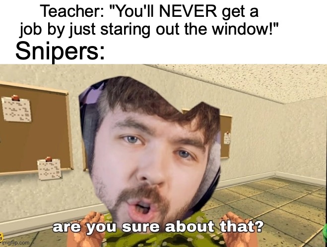 "And that's why I wanna be a sniper, mom!" | Teacher: "You'll NEVER get a job by just staring out the window!"; Snipers: | image tagged in fr,true,snipers,memes,funny | made w/ Imgflip meme maker