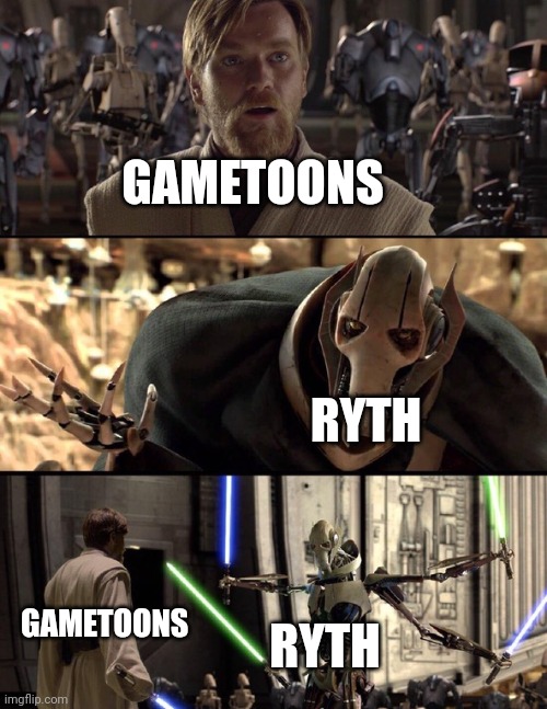 Ryth vs gametoons | GAMETOONS; RYTH; RYTH; GAMETOONS | image tagged in general kenobi hello there,gametoons,ryth | made w/ Imgflip meme maker