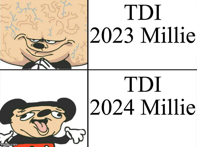 The really done gave her the Ass-Stars treatment | TDI 2023 Millie; TDI 2024 Millie | image tagged in big brain mokey | made w/ Imgflip meme maker