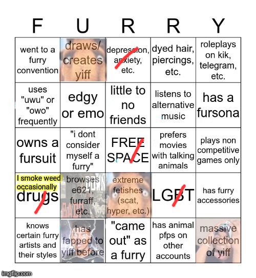 And this ladies and gentlemen is why furries are hated | I smoke weed occasionally | image tagged in furry bingo v2 | made w/ Imgflip meme maker