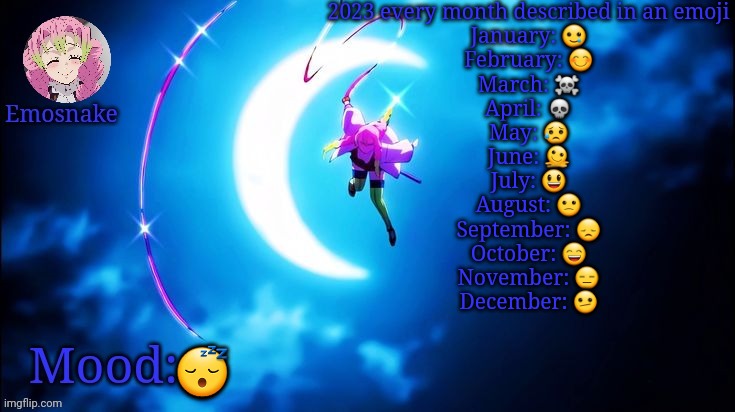 Emosnake's Mitsuri template | 2023 every month described in an emoji
January: 🥲
February: 😊
March: ☠️
April: 💀
May: 😥
June: 🫠
July: 😃
August: 🙁
September: 😞
October: 😄
November: 😑
December: 🫤; 😴 | image tagged in emosnake's mitsuri template | made w/ Imgflip meme maker