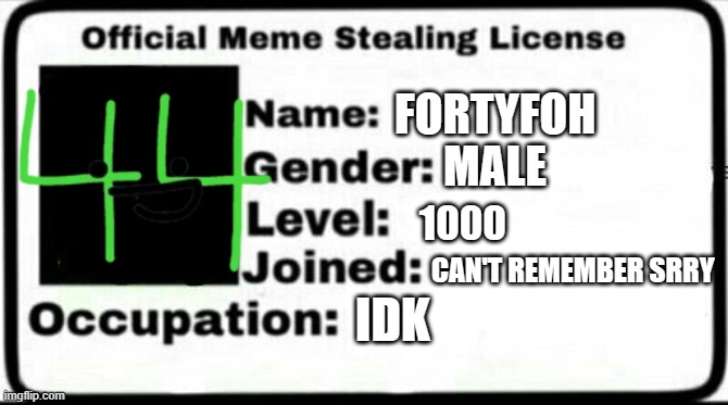 my meme stealing licence | FORTYFOH; MALE; 1000; CAN'T REMEMBER SRRY; IDK | image tagged in meme stealing license | made w/ Imgflip meme maker