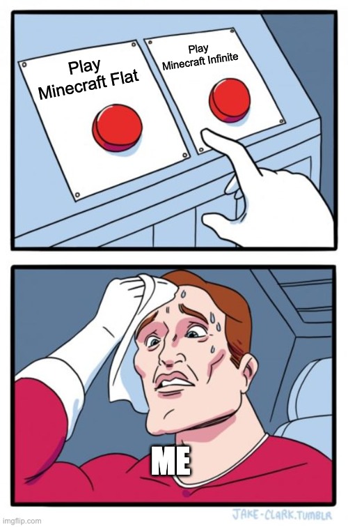 Two Buttons | Play Minecraft Infinite; Play Minecraft Flat; ME | image tagged in memes,two buttons | made w/ Imgflip meme maker