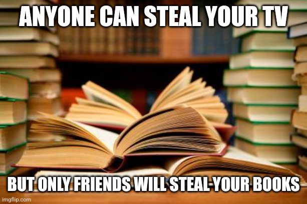Friends steal books | ANYONE CAN STEAL YOUR TV; BUT ONLY FRIENDS WILL STEAL YOUR BOOKS | image tagged in school books | made w/ Imgflip meme maker
