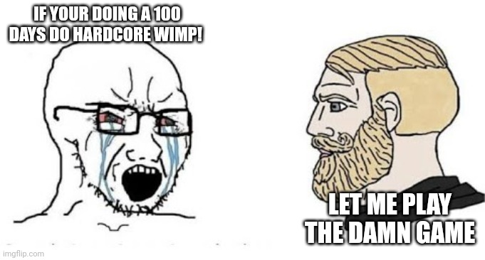 Truth | IF YOUR DOING A 100 DAYS DO HARDCORE WIMP! LET ME PLAY THE DAMN GAME | image tagged in soyjak vs chad | made w/ Imgflip meme maker