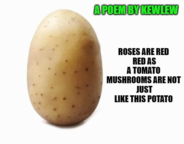 A poem by kewlew | A POEM BY KEWLEW; ROSES ARE RED 
RED AS A TOMATO 
MUSHROOMS ARE NOT 
JUST LIKE THIS POTATO | image tagged in poem,kewlew,the most handsome man on earth | made w/ Imgflip meme maker