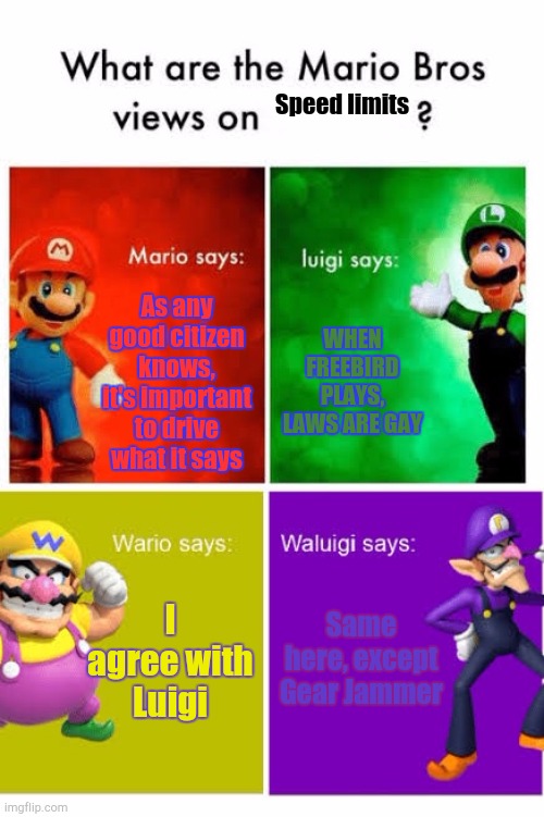 Speed Limits - Mario Gang's Opinion | Speed limits; As any good citizen knows, it's important to drive what it says; WHEN FREEBIRD PLAYS, LAWS ARE GAY; Same here, except Gear Jammer; I agree with Luigi | image tagged in mario broz misc views,speed limit | made w/ Imgflip meme maker