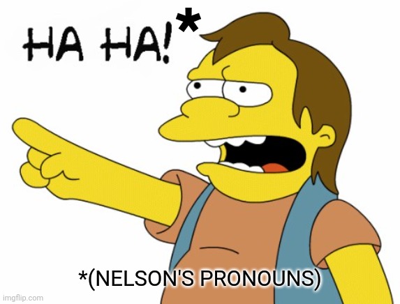 HA HA | * *(NELSON'S PRONOUNS) | image tagged in ha ha | made w/ Imgflip meme maker