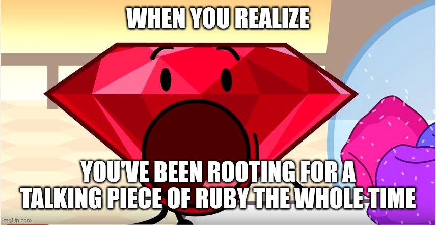 Ruby Pog | WHEN YOU REALIZE; YOU'VE BEEN ROOTING FOR A TALKING PIECE OF RUBY THE WHOLE TIME | image tagged in bfdi ruby | made w/ Imgflip meme maker