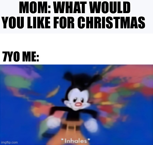 Who else is excited for Christmas | MOM: WHAT WOULD YOU LIKE FOR CHRISTMAS; 7YO ME: | image tagged in yakko inhale,christmas,childhood,memes,fun stream | made w/ Imgflip meme maker