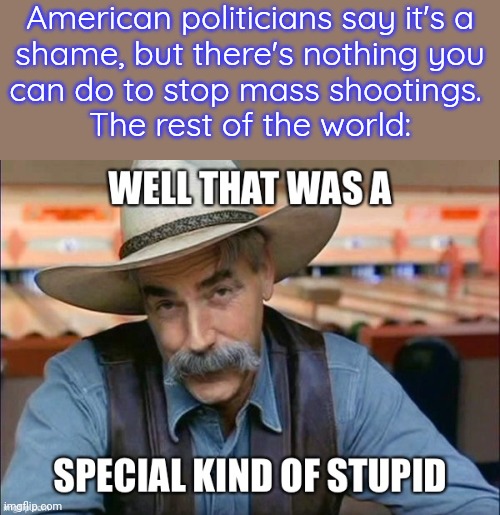 Other countries can. | American politicians say it's a
shame, but there's nothing you
can do to stop mass shootings. 
The rest of the world: | image tagged in that was a special kind of stupid,i am 4 parallel universes ahead of you,gun control,denial | made w/ Imgflip meme maker