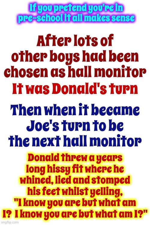 That's It Exactly | If you pretend you're in pre-school it all makes sense; After lots of other boys had been chosen as hall monitor; It was Donald's turn; Then when it became Joe's turn to be the next hall monitor; Donald threw a years long hissy fit where he whined, lied and stomped his feet whilst yelling,
"I know you are but what am I?  I know you are but what am I?" | image tagged in memes,trump whines,trump lies,trump stomps his tiny feet,trump pounds his tiny hands,trump throws hissy fits | made w/ Imgflip meme maker