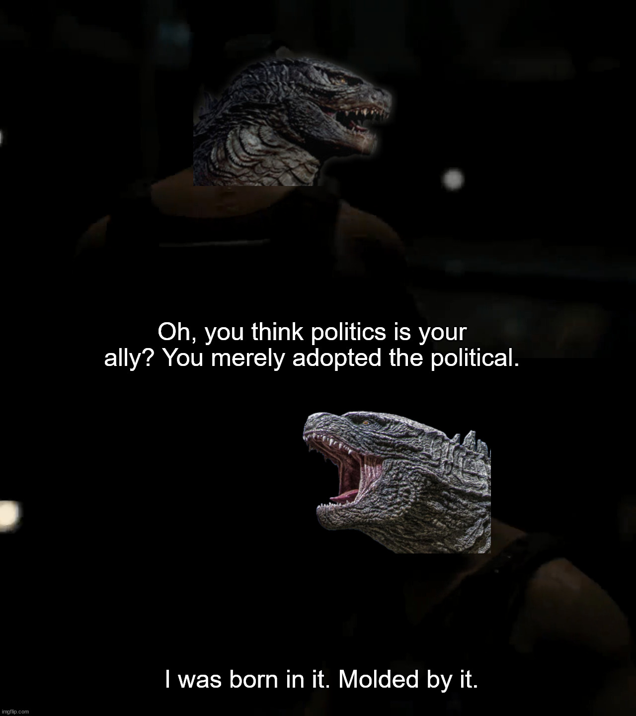 Bane Darkness is your Ally high quality | Oh, you think politics is your ally? You merely adopted the political. I was born in it. Molded by it. | image tagged in bane darkness is your ally high quality | made w/ Imgflip meme maker