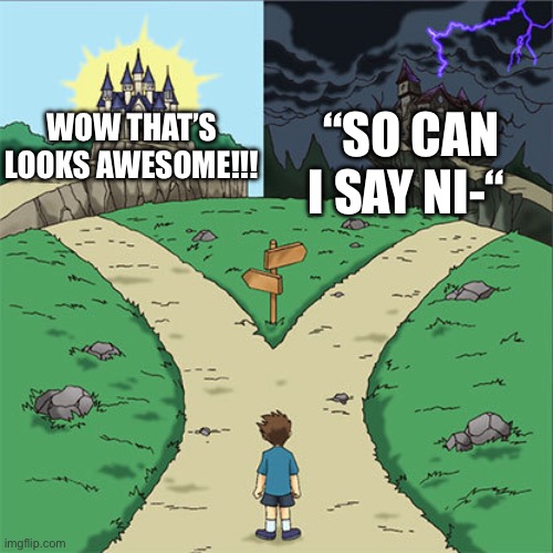 Two Paths | WOW THAT’S LOOKS AWESOME!!! “SO CAN I SAY NI-“ | image tagged in two paths | made w/ Imgflip meme maker