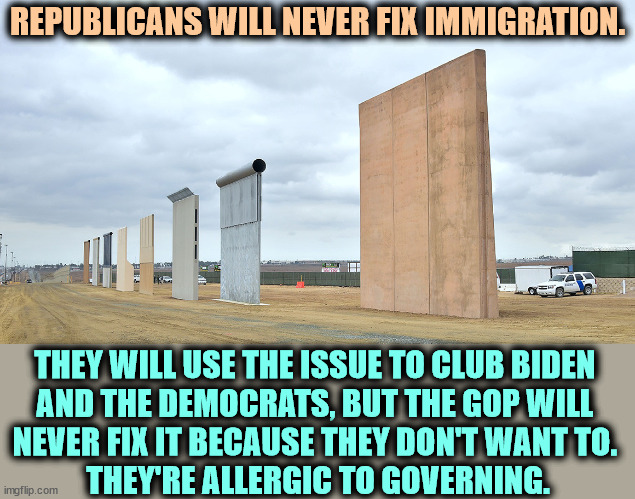 Republicans never fix anything. But they're good at showboating. | REPUBLICANS WILL NEVER FIX IMMIGRATION. THEY WILL USE THE ISSUE TO CLUB BIDEN 
AND THE DEMOCRATS, BUT THE GOP WILL 
NEVER FIX IT BECAUSE THEY DON'T WANT TO. 
THEY'RE ALLERGIC TO GOVERNING. | image tagged in border wall,republicans,useless,immigration,noise,circus | made w/ Imgflip meme maker