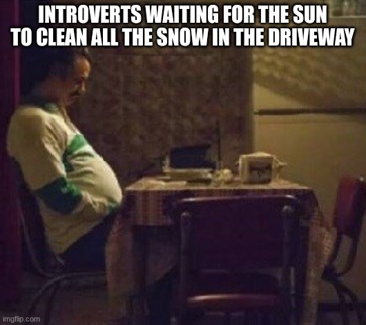 Why use a shovel if you're lazy nor have places to be | INTROVERTS WAITING FOR THE SUN TO CLEAN ALL THE SNOW IN THE DRIVEWAY | image tagged in memes,funny,winter,introvert,waiting | made w/ Imgflip meme maker