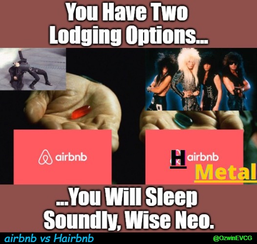 airbnb vs Hairbnb | airbnb vs Hairbnb; @OzwinEVCG | image tagged in red vs blue,hair metal,the matrix,1980s,eyeroll meme,comfortable lodging | made w/ Imgflip meme maker