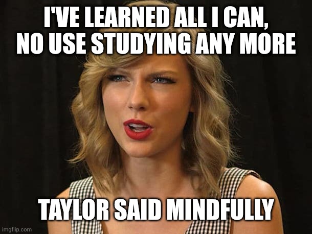 Taylor said mindfully | I'VE LEARNED ALL I CAN, NO USE STUDYING ANY MORE; TAYLOR SAID MINDFULLY | image tagged in taylor swiftie | made w/ Imgflip meme maker