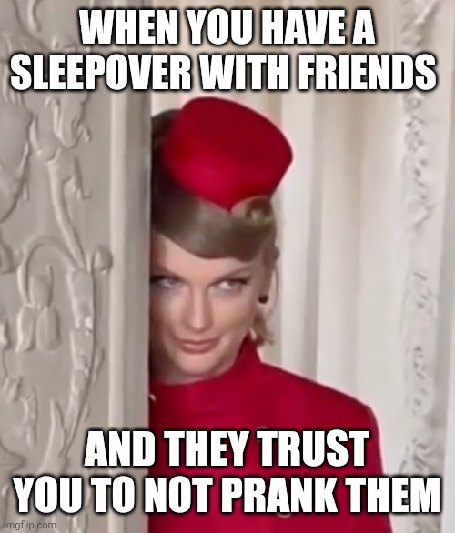 Taylor Swift Smirk | WHEN YOU HAVE A SLEEPOVER WITH FRIENDS; AND THEY TRUST YOU TO NOT PRANK THEM | image tagged in taylor swift smirk | made w/ Imgflip meme maker