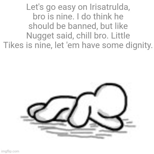 Goober DP | Let's go easy on Irisatrulda, bro is nine. I do think he should be banned, but like Nugget said, chill bro. Little Tikes is nine, let 'em have some dignity. | image tagged in goober dp | made w/ Imgflip meme maker