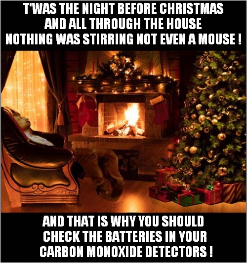 A Christmas Tale | T'WAS THE NIGHT BEFORE CHRISTMAS
AND ALL THROUGH THE HOUSE
NOTHING WAS STIRRING NOT EVEN A MOUSE ! AND THAT IS WHY YOU SHOULD 
CHECK THE BATTERIES IN YOUR
 CARBON MONOXIDE DETECTORS ! | image tagged in christmas,poem,carbon monoxide,dark humour | made w/ Imgflip meme maker