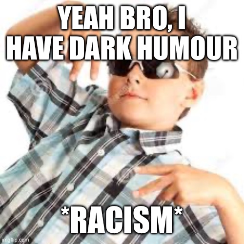 Cool kid sunglasses | YEAH BRO, I HAVE DARK HUMOUR; *RACISM* | image tagged in cool kid sunglasses | made w/ Imgflip meme maker