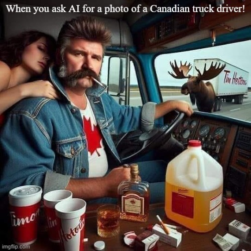 Canadian truck driver | When you ask AI for a photo of a Canadian truck driver! | image tagged in funny,trucker,canada,canadian | made w/ Imgflip meme maker