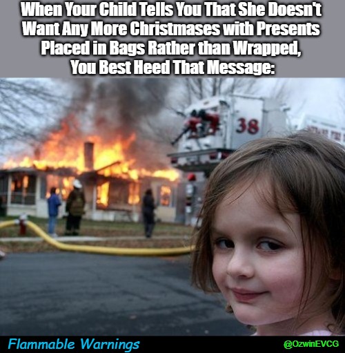 Flammable Warnings | When Your Child Tells You That She Doesn't 
Want Any More Christmases with Presents 
Placed in Bags Rather than Wrapped, 
You Best Heed That Message:; Flammable Warnings; @OzwinEVCG | image tagged in christmas memes,disaster girl,dank meme,christmas gifts,warning signs,family life | made w/ Imgflip meme maker