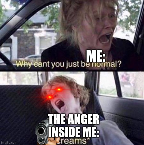 That is actually me | ME:; THE ANGER INSIDE ME: | image tagged in why can't you just be normal | made w/ Imgflip meme maker