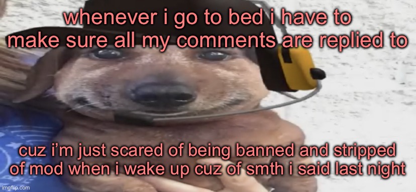 chucklenuts | whenever i go to bed i have to make sure all my comments are replied to; cuz i’m just scared of being banned and stripped of mod when i wake up cuz of smth i said last night | image tagged in chucklenuts | made w/ Imgflip meme maker