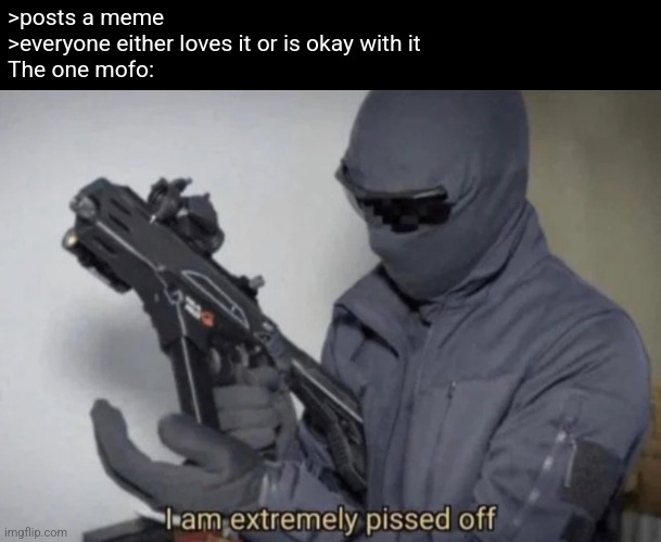 I am extremely pissed off | >posts a meme
>everyone either loves it or is okay with it
The one mofo: | image tagged in i am extremely pissed off | made w/ Imgflip meme maker