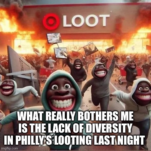DEI | WHAT REALLY BOTHERS ME IS THE LACK OF DIVERSITY IN PHILLY’S LOOTING LAST NIGHT | image tagged in blue city,funny,memes | made w/ Imgflip meme maker