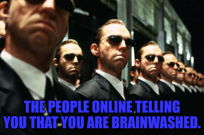 Brainwashed | THE PEOPLE ONLINE TELLING YOU THAT YOU ARE BRAINWASHED. | image tagged in multiple agent smiths from the matrix | made w/ Imgflip meme maker