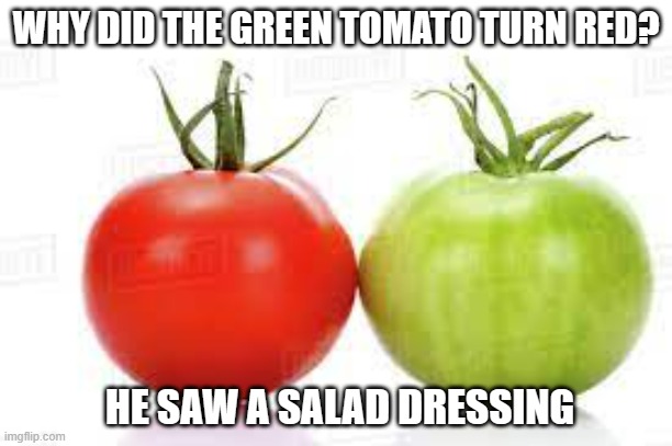 meme by Brad tomato turned red | WHY DID THE GREEN TOMATO TURN RED? HE SAW A SALAD DRESSING | image tagged in funny food | made w/ Imgflip meme maker