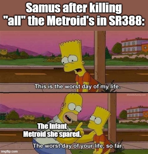 A remaster of a (old) Metroid meme I made. | Samus after killing "all" the Metroid's in SR388:; The Infant Metroid she spared. | image tagged in worst day of your life so far no header,metroid | made w/ Imgflip meme maker
