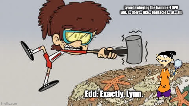 Lynn with Edd | Lynn: [swinging the hammer] OW! Edd, I… don’t… like… barnacles… at… all. Edd: Exactly, Lynn. | image tagged in the loud house,ed edd n eddy,cartoon network,nickelodeon,deviantart,crossover | made w/ Imgflip meme maker