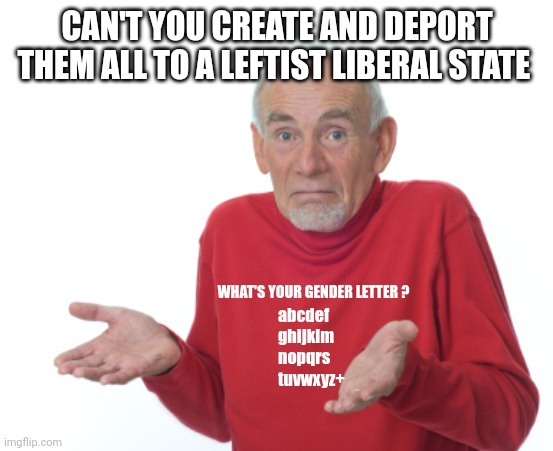 Guess I'll die  | CAN'T YOU CREATE AND DEPORT THEM ALL TO A LEFTIST LIBERAL STATE WHAT'S YOUR GENDER LETTER ? abcdef
ghijklm
nopqrs
tuvwxyz+ | image tagged in guess i'll die | made w/ Imgflip meme maker